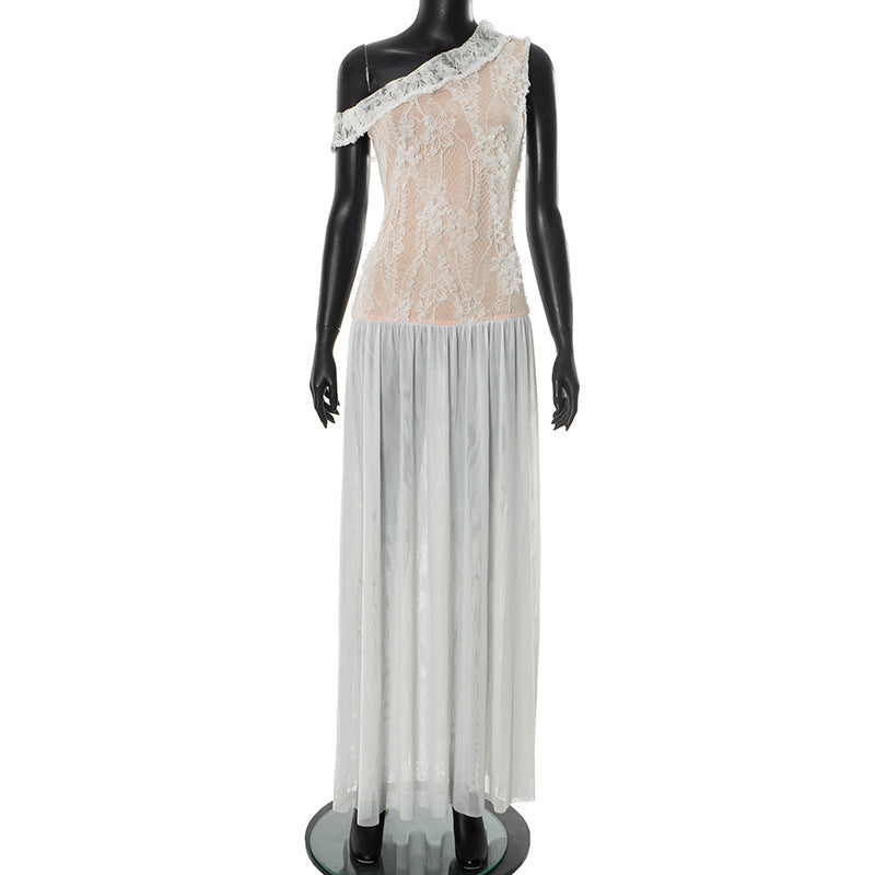 European And American Slant Shoulder Lace Mesh Elegant Long Dress