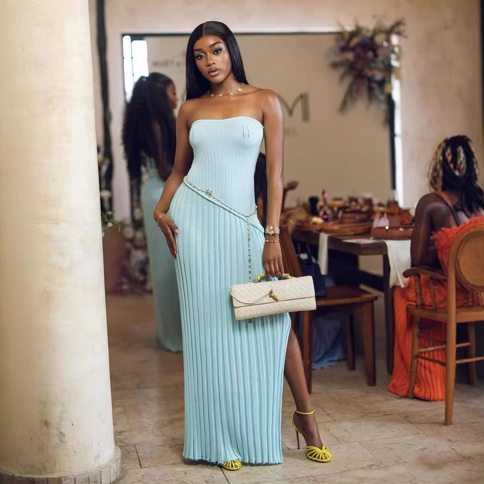 Fashion Tube Top Twisted Flower Split Long Dress