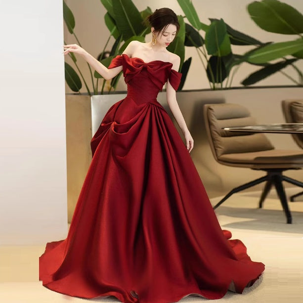 High-end Engagement Red Evening Dress French Off-shoulder Bow Princess Dress