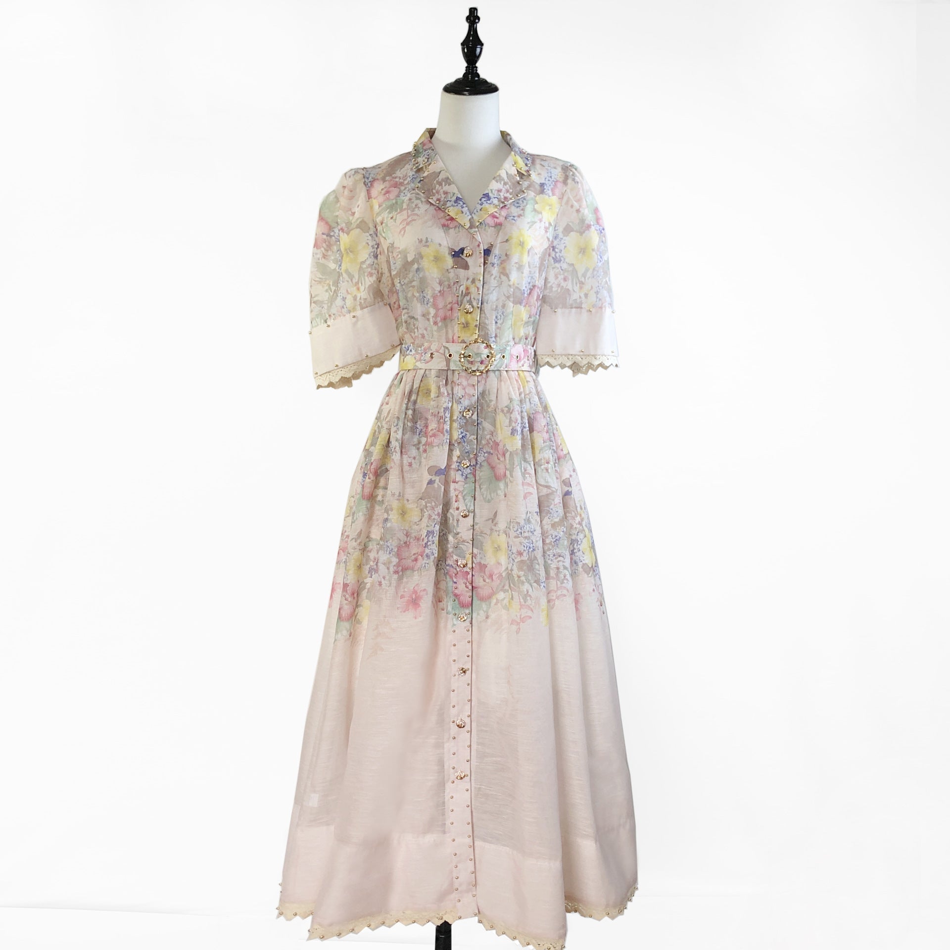 Lace Ruffled Short Sleeves Printed Style Dress