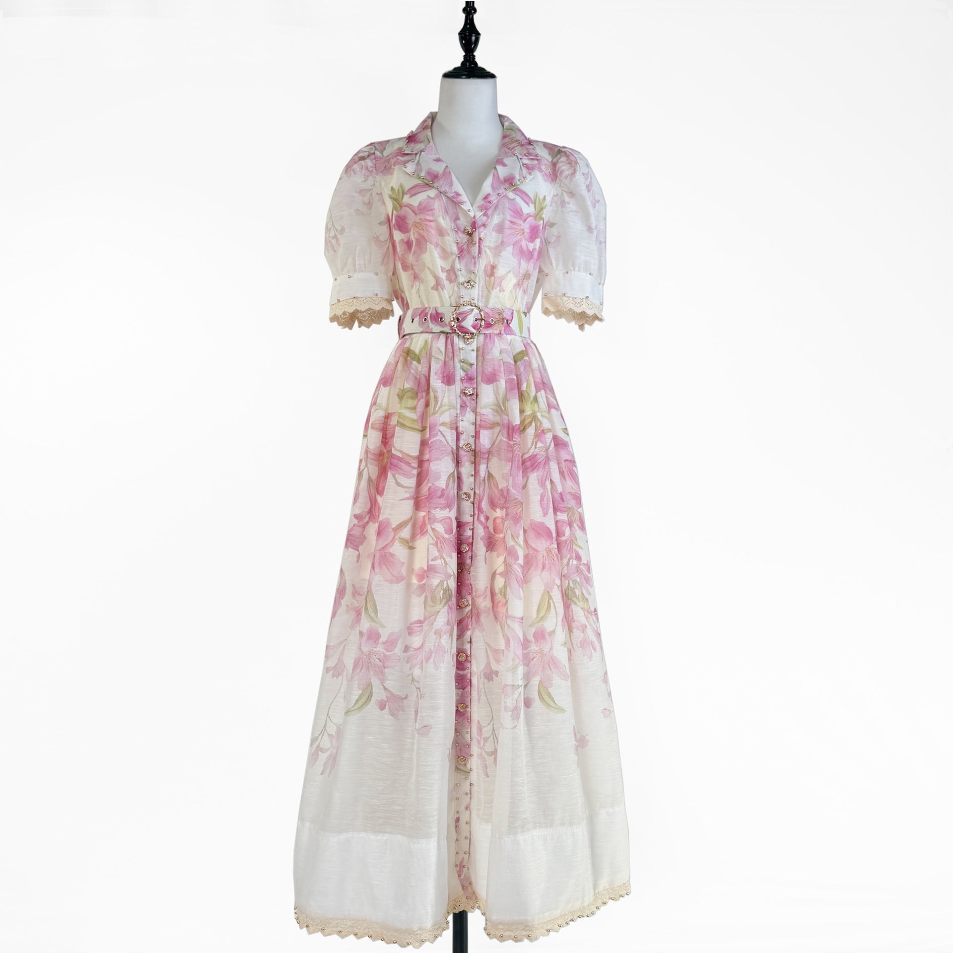 Lace Ruffled Short Sleeves Printed Style Dress
