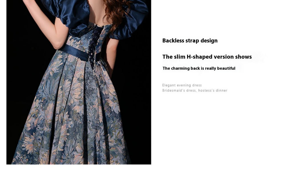 Light Luxury Minority Princess Court Oil Painting Style Tube Top Blue Evening Dress