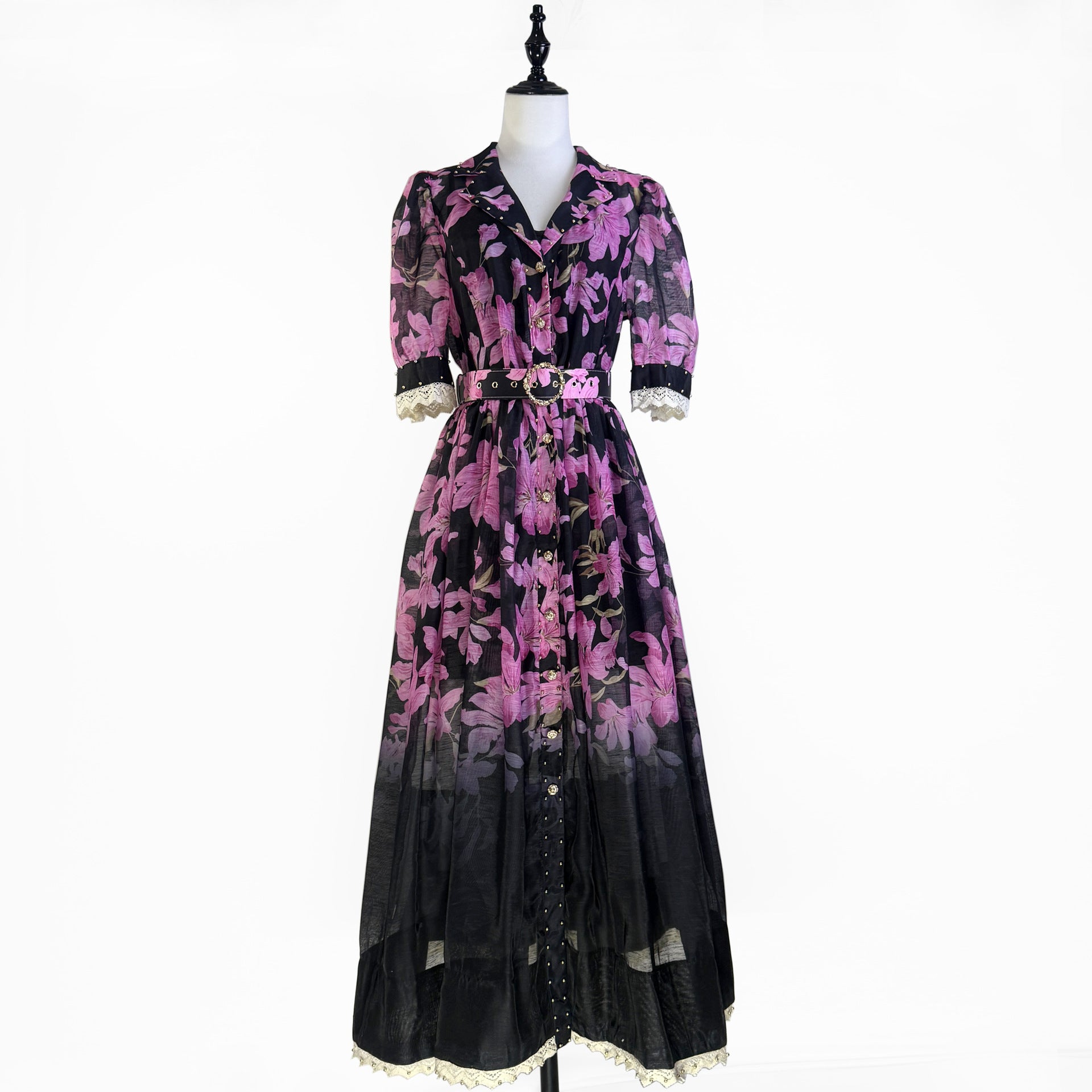 Lace Ruffled Short Sleeves Printed Style Dress