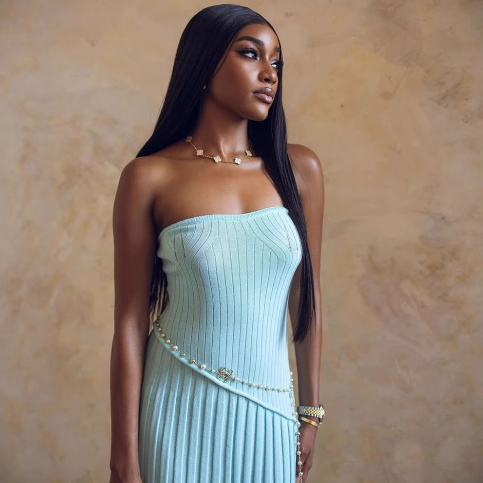 Fashion Tube Top Twisted Flower Split Long Dress