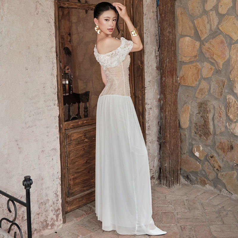 European And American Slant Shoulder Lace Mesh Elegant Long Dress