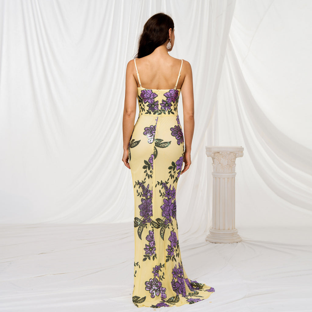 V-neck Brace Slim-fit Sheath Sequined Slit Evening Dress