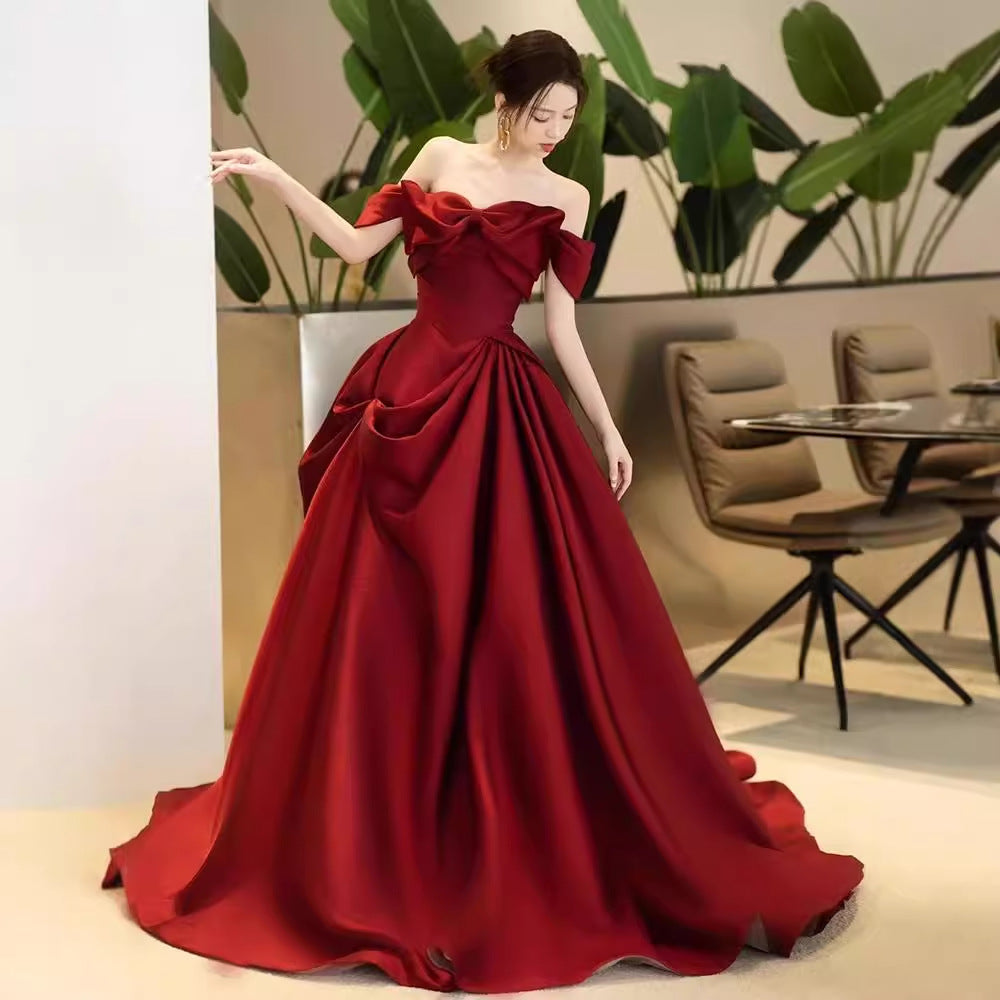 High-end Engagement Red Evening Dress French Off-shoulder Bow Princess Dress