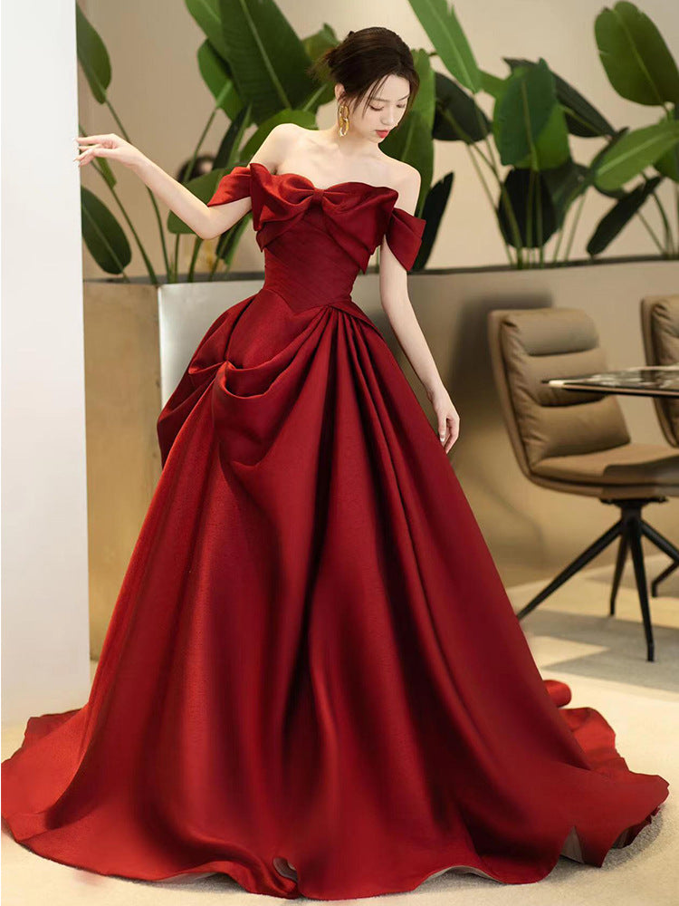 High-end Engagement Red Evening Dress French Off-shoulder Bow Princess Dress