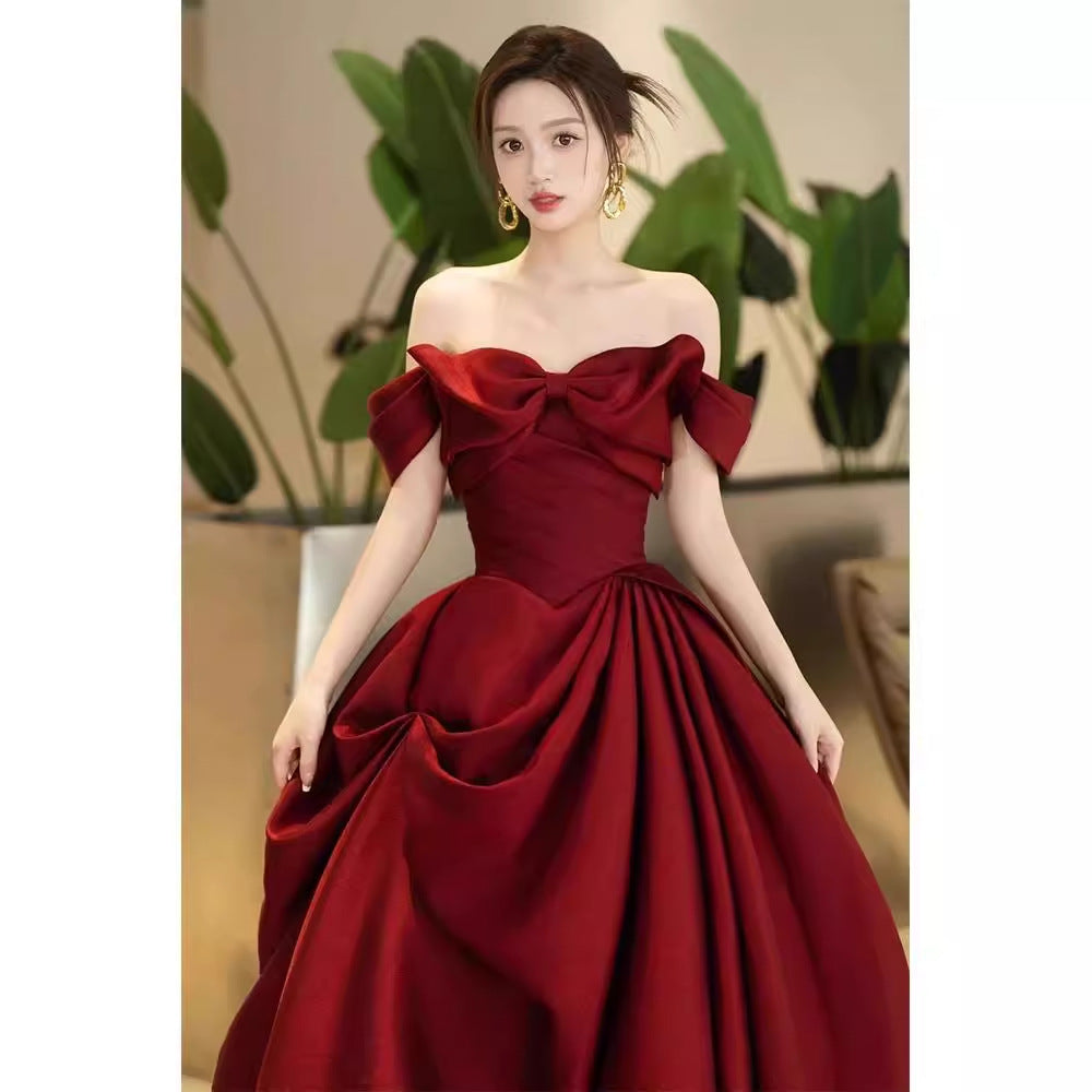 High-end Engagement Red Evening Dress French Off-shoulder Bow Princess Dress