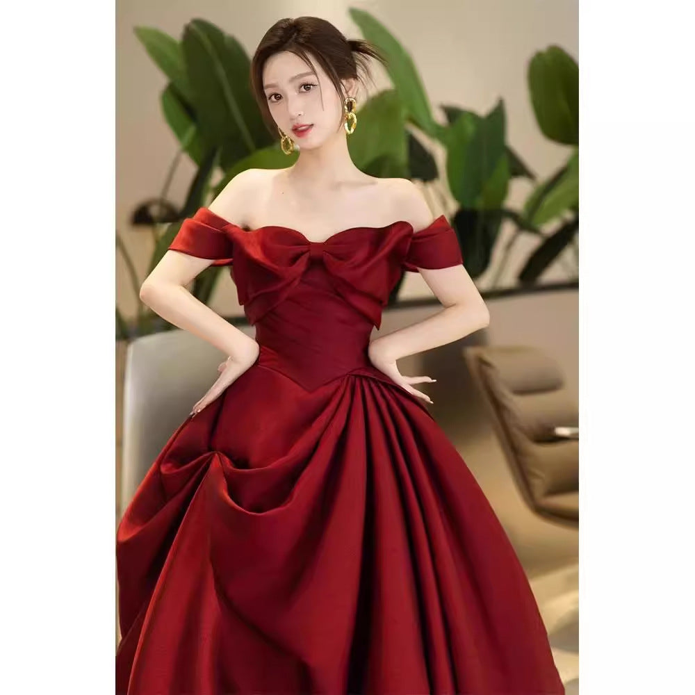 High-end Engagement Red Evening Dress French Off-shoulder Bow Princess Dress