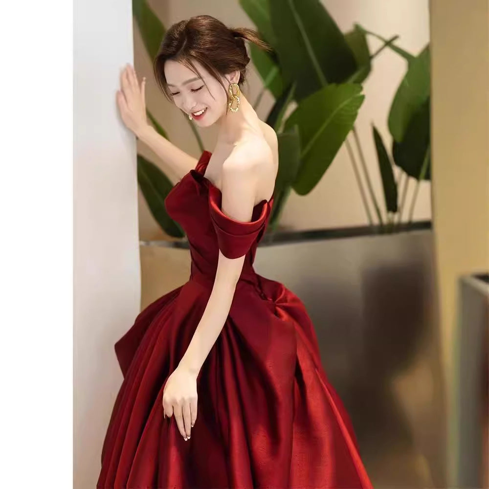 High-end Engagement Red Evening Dress French Off-shoulder Bow Princess Dress
