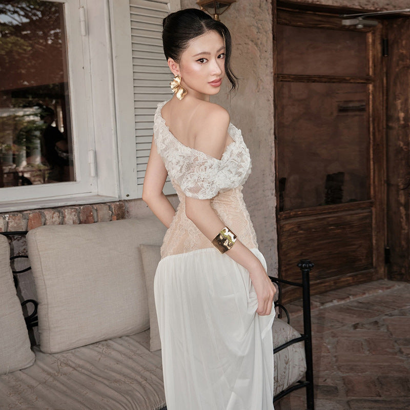 European And American Slant Shoulder Lace Mesh Elegant Long Dress