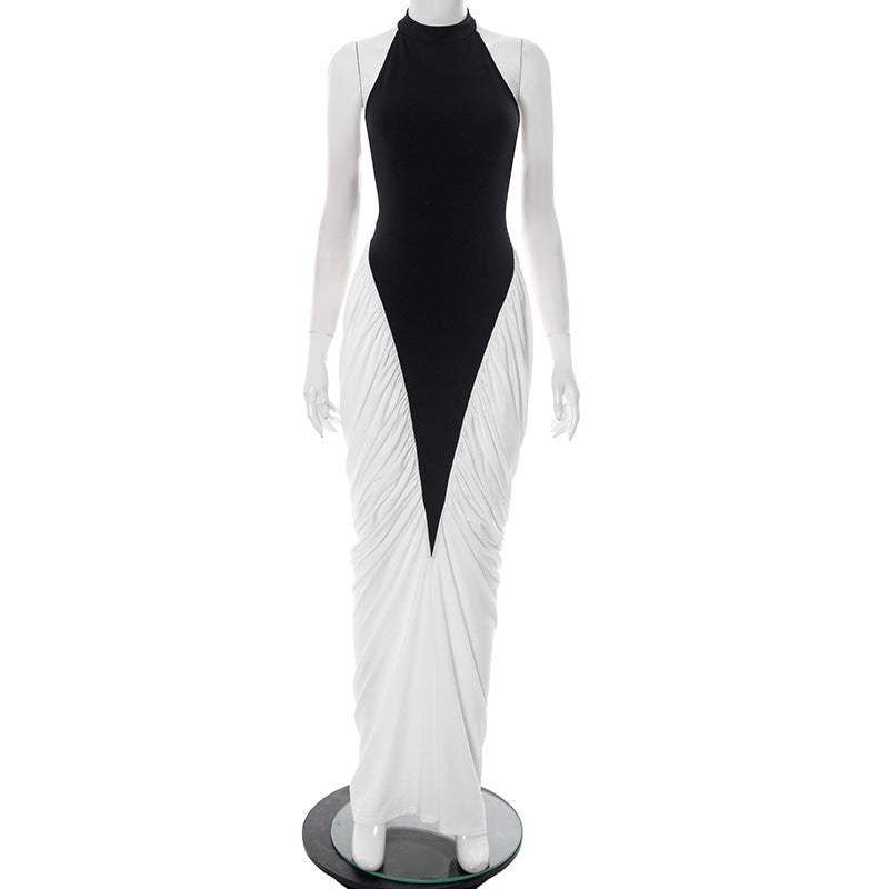 European And American Halter Backless Color Contrast Patchwork Sexy Dress