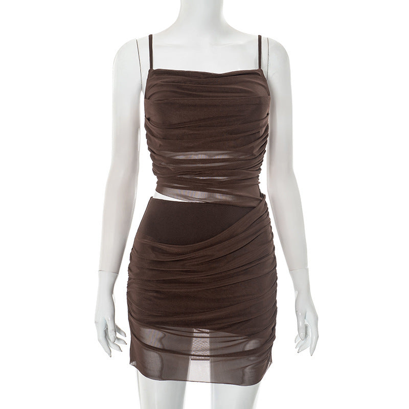 European And American Solid Color Sling Stitching Mesh Sexy Dress