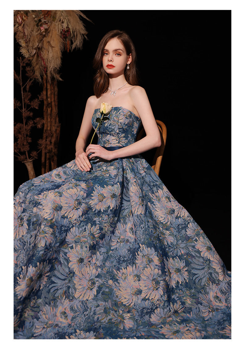 Light Luxury Minority Princess Court Oil Painting Style Tube Top Blue Evening Dress