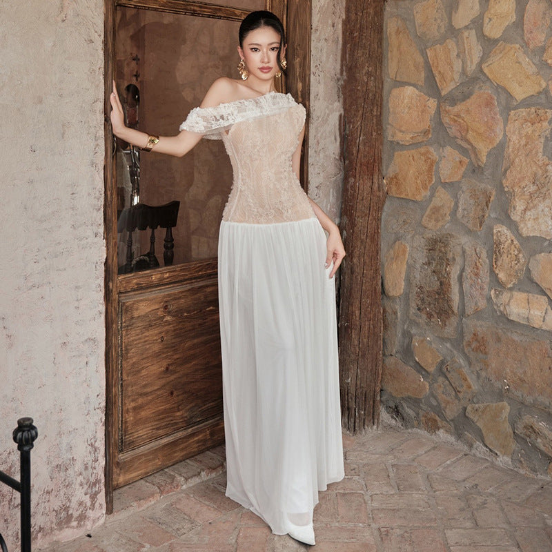 European And American Slant Shoulder Lace Mesh Elegant Long Dress